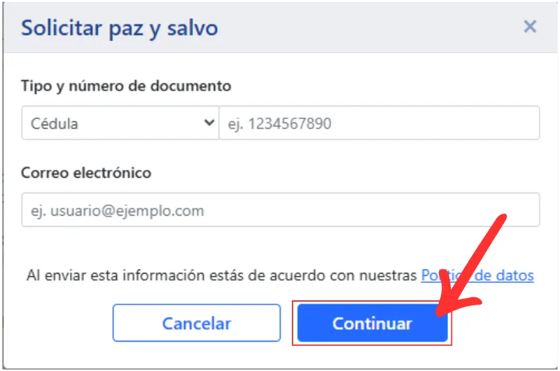 Continuar solicitud de paz y salvo